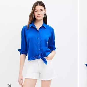 Loft Women's Front Tie Linen Blend Button Down Top Size Small Petite